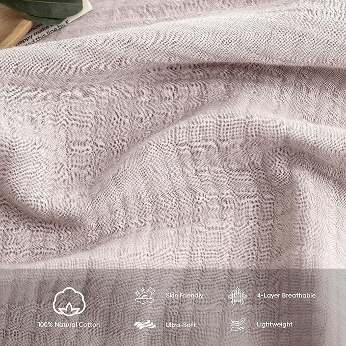 FOSSA Muslin Blanket with Fringe - 4-Layer 100% Cotton Gauze Super Soft & Breathable Throw -Lightweight Decorative Cooling Blanket for Bed, Sofa, Office (Greyish Pink, Queen (90" × 90"))