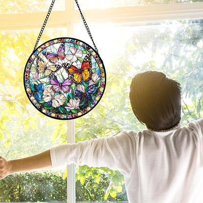 DASTOLL Stained Glass Window Hanging, Colorful Butterfly Suncatcher for Doors Home Sun Catchers Decoration and Christmas, Mother's Day Birthday Gifts for Women, Men, and Mom 11.8x11.8 in