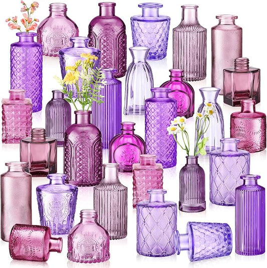 Yaomiao 30 Pcs Vases Bulk Colored Flower Glass Christmas Vases Bud Vintage Colored Glass Bottles Colorful Rustic Embossed for Home Wedding Table Decorations Gifts(Purple Series)