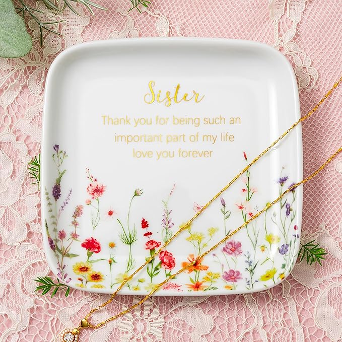 Crisky Jewelry Ring Dish for Sister Birthday Gifts, Thinking of You Gift for Sister Thanksgiving Day Christmas Graduation Gift Ideas (Love You Forever) Floral Thrinket Tray
