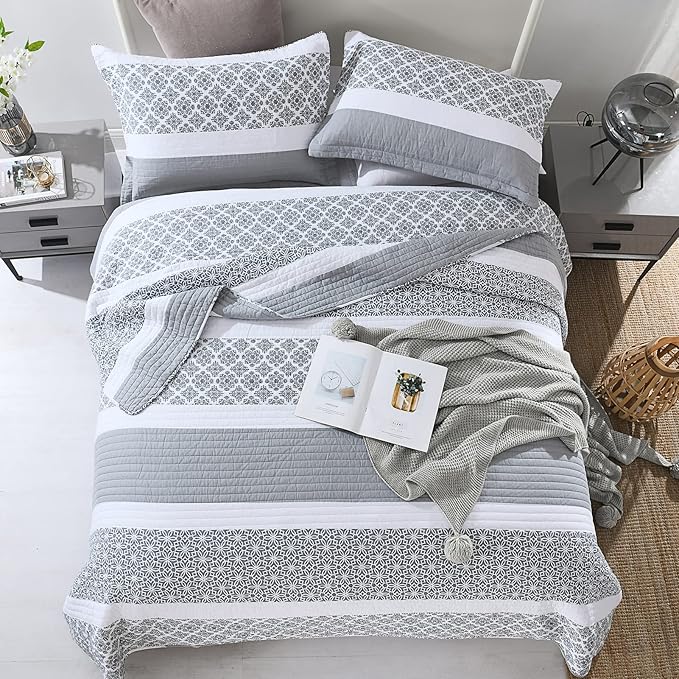 Quilts Queen Size - Queen Quilt Bedspread Sets, 100% Cotton Quilted Bedding Set for Queen Bed, 3 Pieces Floral Striped Reversible Lightweight Comforter, Bluish Grey