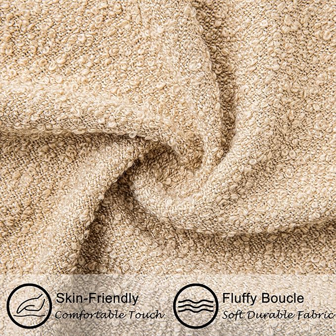 24"x24" Khaki Boucle Pillow Covers with Faux Leather Accents Set of 2 Fluffy Textured Decorative Throw Pillow Cases for Couch Bed Boho Farmhouse Square Cushion Covers for Home Décor