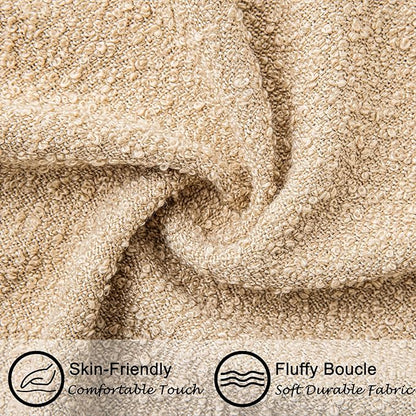 18"x18" Khaki Boucle Throw Pillow Covers with Faux Leather Accents Set of 2 Fluffy Textured Decorative Pillow Cases for Couch Bed Boho Farmhouse Square Cushion Covers for Nordic Home Décor