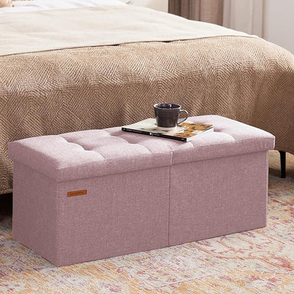 HAUSFRAU 31.5 Inches Ottoman with Storage Bench, Folding Ottoman Bench Small Foot Rest Stool, Bedroom Bench with Flipping Lid, Linen Nude