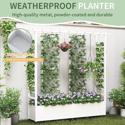 Raised Garden Bed with Trellis & Hanging Roof, Weatherproof Metal Planter Box with Wheels, Garden Arch Trellis for Outdoor Climbing Plants Vines Flowers, 74" H x 77" L x 17" W, White