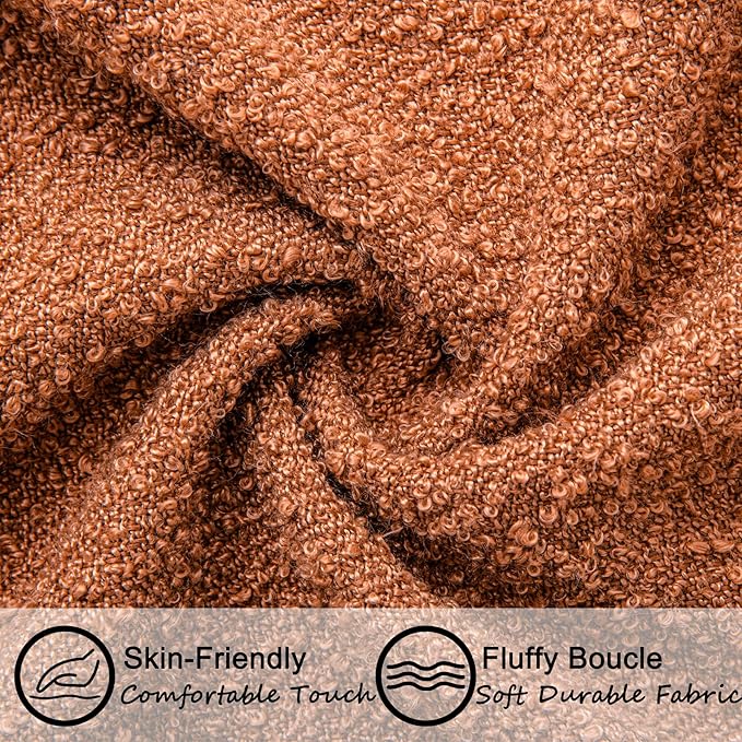 18"x18" Rust Red Boucle Throw Pillow Covers with Faux Leather Accents Set of 2 Fluffy Textured Decorative Pillow Cases for Couch Bed Boho Farmhouse Square Cushion Covers for Nordic Home