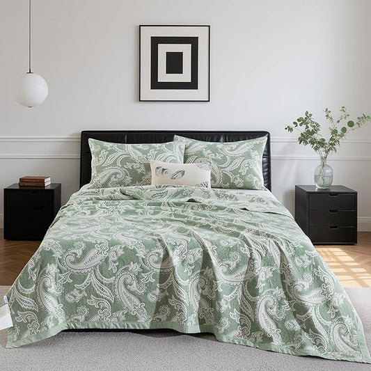 100% Cotton Muslin Jacquard 3 Piece Quilt Set Paisley Print, Soft 3 Layers Gauze Bed Cover Reversible Bedspread Coverlet Breathable Lightweight Bedding Set, Queen