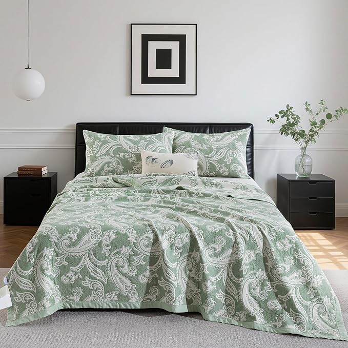 100% Cotton Muslin Jacquard 3 Piece Quilt Set Paisley Print, Soft 3 Layers Gauze Bed Cover Reversible Bedspread Coverlet Breathable Lightweight Bedding Set, King