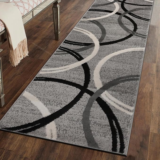 Rugshop Wavy Circles Design Runner Rug, Non-Shedding Carpet for Hallway, Kitchen, or Entryway, Gray, 2'7" x 8'