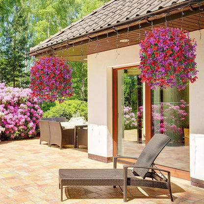 Artificial Hanging Flowers Plants with Basket for Outdoors, Realistic Faux Silk Daisy Flower Eucalyptus for Spring Decor, UV Resistant Fake Plants for Porch Patio Yard Balcony, Red Purple