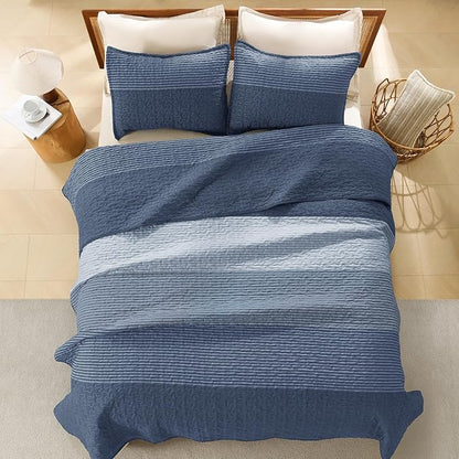 Litanika Oversized King Quilt Set Sapphire Blue, 120x98 Stripe Bedspread Coverlet 3 Pieces, Sapphire Blue Lightweight Quilted Bedding Set for All Season(Oversized King-1 Quilt, 2 Pillowcases)