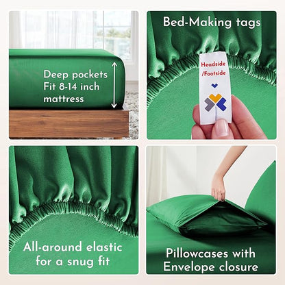 California Design Den King Size Sheets Set - Natural 100% Cotton Bed Sheets King Size Set with Deep Pockets, Soft Sateen Weave, Breathable and Durable Bedding (Emerald Green)