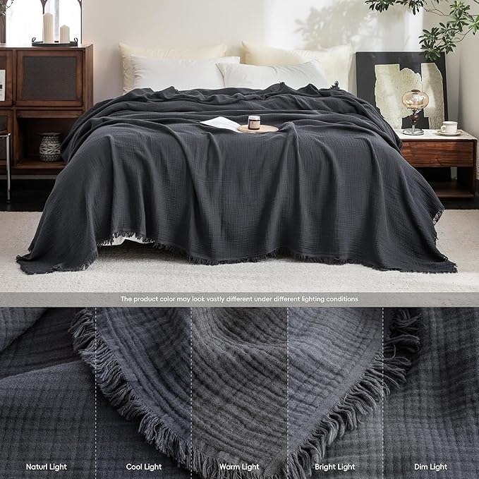 FOSSA Muslin Blanket with Fringe - 4-Layer 100% Cotton Gauze Super Soft & Breathable Throw -Lightweight Decorative Cooling Blanket for Bed, Sofa, Office -Twin XL Size 90" × 66" (Dark Gray)