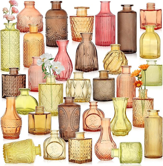 Colored Glass Vases Bulk 32 Pcs - Assorted Vintage Bud Vases for Wedding Centerpieces, Rustic Embossed Glass Bottles for Table Decor, Home Floral Arrangements with Gold Series (2-6 Inch)