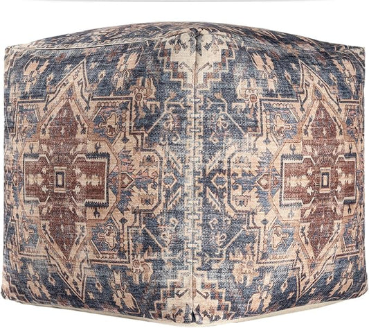 L. R. Resources, Inc. LR Home Vintage Medallion Square Indoor Medium Pouf Ottoman, Navy/Rust | Hand-Made Power-Loomed Pouf for Home Decor | 18 x 18 x 18 Stuffed Ottoman for Seating & Foot Rest