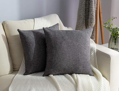 Stellhome Burlap Throw Pillow Covers Square Solid Decorative Farmhouse Linen Cushion Covers for Bed Couch Sofa Bench, 18 x 18 inch (45 cm), Dark Grey, Set of 2
