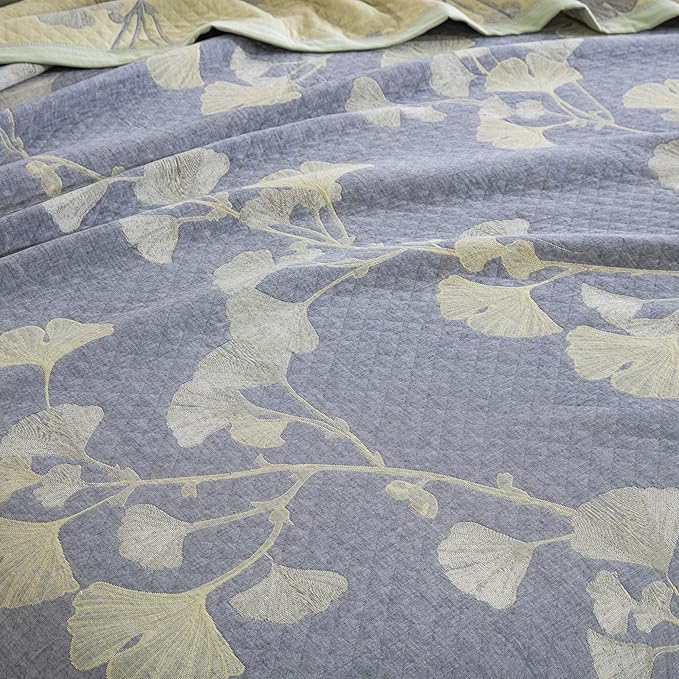 100% Cotton Muslin Jacquard 3 Piece Quilt Set Floral Ginkgo Leaf Print, Soft 3 Layers Gauze Bed Cover Reversible Bedspread Coverlet Breathable Lightweight Bedding Set, King