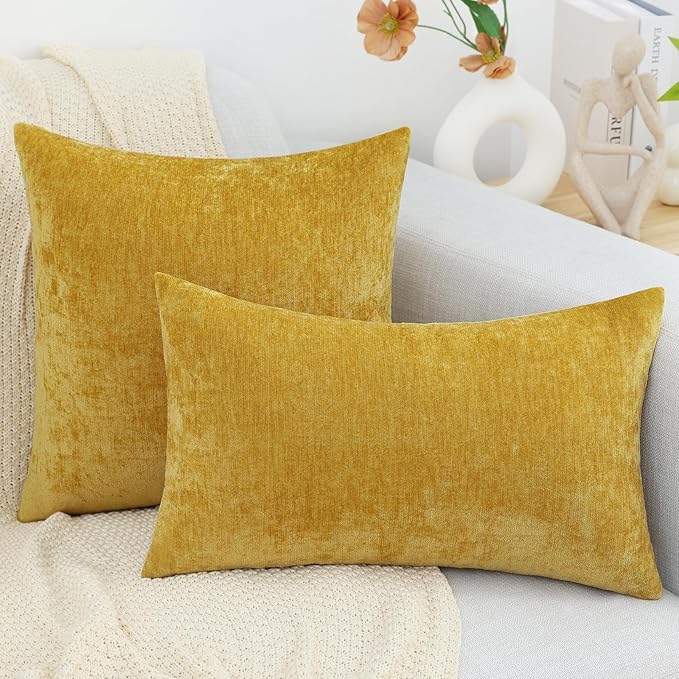 decorUhome Chenille Mineral Yellow Spring Throw Pillow Covers 26x26 Inch Set of 2, Decorative Soft Couch Pillow Covers Solid Dyed Accent Farmhouse Neutral Square Pillow Cases for Sofa