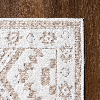 Moroccan Washable Area Rug 3x5, Geometric Tribal Decorative Woven Rug, Non-Slip Boho Farmhouse Soft Low-Pile Area Rug for Living Room Bedroom Dining Table Nursery, Cream/White