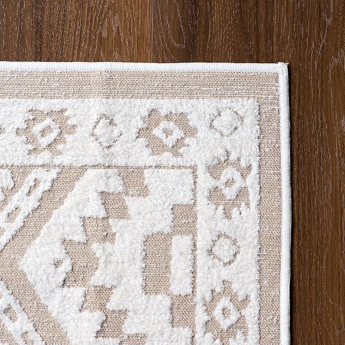 Moroccan Washable Area Rug 4x6, Geometric Decorative Woven Rug Low Pile, Non-Slip Boho Accent Farmhouse Soft Area Rug for Living Room Bedroom Laundry Nursery Kitchen, Cream/White