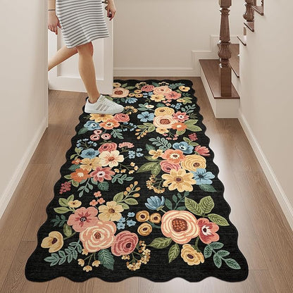 DUKINO 2x5 Washable Runner Rugs, Non Slip Floral Print Entryway Rug with Soft Low Pile, Lightweight Mat for Living Room, Bathroom, Bedroom, Kitchen, Black