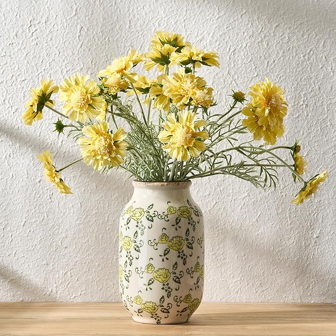 SIDUCAL Ceramic Vintage Pastoral Vase, 8.78 Inch Chinoiserie Floral Vase, Retro Ice Cracked Rustic Farmhouse Vases for Home Decor, Living Room, Bookshelf, Office, Tuscan Decor, Yellow Rose Pattern