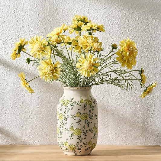 SIDUCAL Ceramic Vintage Pastoral Vase, 8.78 Inch Chinoiserie Floral Vase, Retro Ice Cracked Rustic Farmhouse Vases for Home Decor, Living Room, Bookshelf, Office, Tuscan Decor, Yellow Rose Pattern