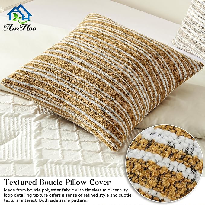 AmHoo Pack of 2 Textured Boucle Throw Pillow Covers Accent Striped Cozy Soft Decorative Couch Cushion Case for Chair Sofa Bedroom Living Room Home Decor 20 x 20-Inch Nugget Gold