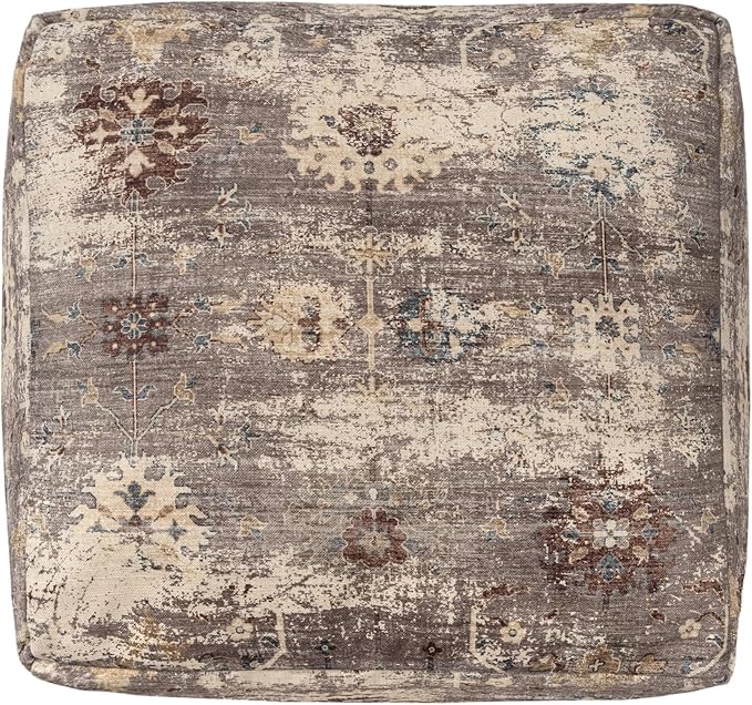 L. R. Resources, Inc. LR Home Vintage Floral Square Indoor Medium Pouf Ottoman, Taupe | Power-Loomed Polyester Foot Rest for Bedroom & Living Room Decor | 18 x 18 x 18 Filled Pouf for Seating