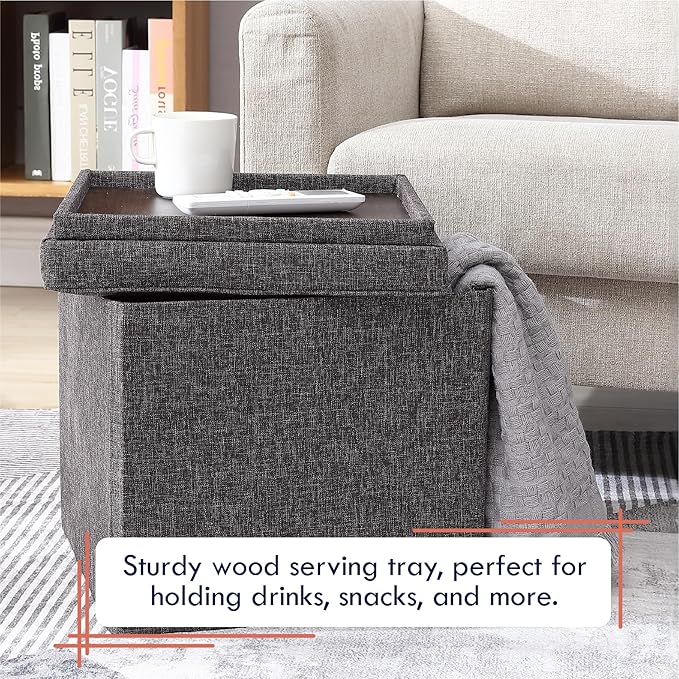 Ornavo Home Square Storage Ottoman Linen Foldable Tufted Cube Storage Ottoman Foot Rest Stool/Seat with Table Top Lid, Coffee Table Ottoman - 15" x 15" x 15" (Charcoal Gray)