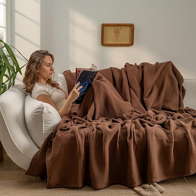 Muslin Blanket - Pure 100% Turkish Cotton Airy Soft Light Versatile Gauze Throw Blanket for Bed, Couch, Sofa (Dark Brown, Throw Size (50" x 66" inch))