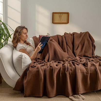 Muslin Blanket - Pure 100% Turkish Cotton Airy Soft Light Versatile Gauze Throw Blanket for Bed, Couch, Sofa (Dark Brown, Throw Size (50" x 66" inch))