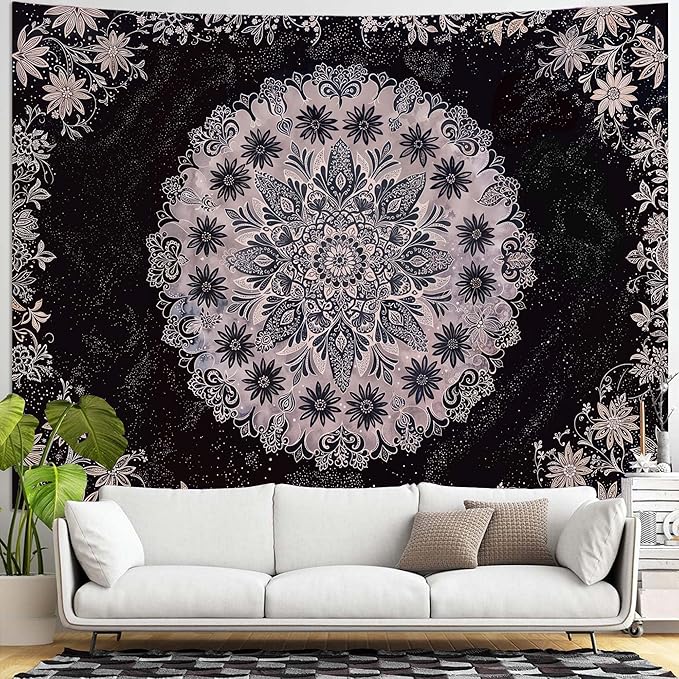 Fowocu Boho Floral Mandala Tapestry Wall Hanging Grey Bohemian Flower Medallion Tapestry Aesthetic Gray Black Hippie Indian Small Tapestries for Bedroom Living Room Dorm Decor 80 x 60 Inch