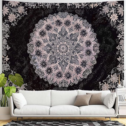 Fowocu Boho Floral Mandala Tapestry Wall Hanging Grey Bohemian Flower Medallion Tapestry Aesthetic Gray Black Hippie Indian Small Tapestries for Bedroom Living Room Dorm Decor 80 x 60 Inch