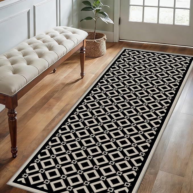Moroccan Trellis Bedroom Area Carpets, 4x10ft, Modern Checkered Washable Hallway Runner Rugs, with Non Slip Backing Durable Cozy Low Pile Rug for Kitchen Bath Room Laundryroom