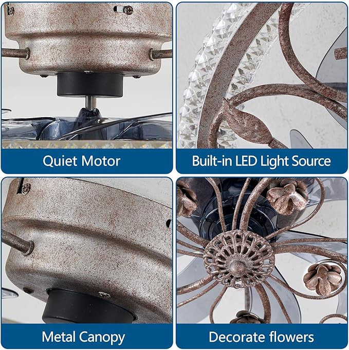 Black RusticCaged Ceiling Fan with Light, Industrial Flower Ceiling Fan with Lights and Remote, LED Low Profile Ceiling Light for Bedroom Kitchen Living Room