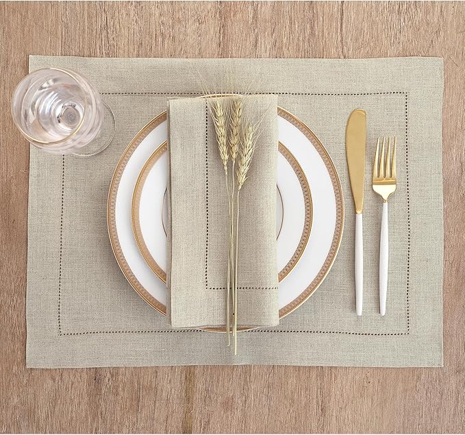 Solino Home Natural Linen Napkins Set of 6-100% Pure Linen Hemstitch Dinner Napkins 20 x 20 Inch for Holiday, New Year - Classic Hemstitch