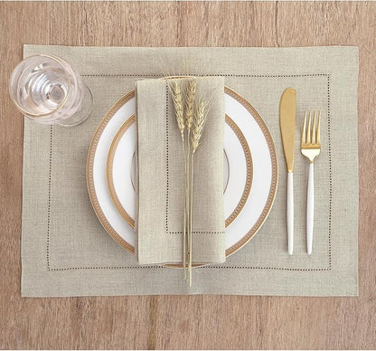 Solino Home Natural Linen Napkins Set of 6-100% Pure Linen Hemstitch Dinner Napkins 20 x 20 Inch for Holiday, New Year - Classic Hemstitch
