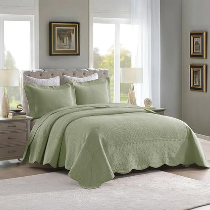 MarCielo 3-Piece 100% Cotton Oversized Bedspread Lightweight Quilt Coverlet Embroidery Farmhouse Bedding Set (TG Pale Green, Oversized King (118"x106"))