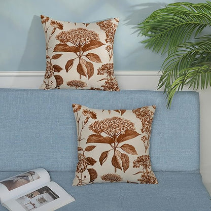Orange Pillow Covers 18x18 Set of 2 Vintage Boho Floral Hydrangea Herbs Botanical Fall Throw Pillows Fall Outdoor Decoration Pillowcase Linen Farmhouse Cushion Case Decorative for Couch Sofa