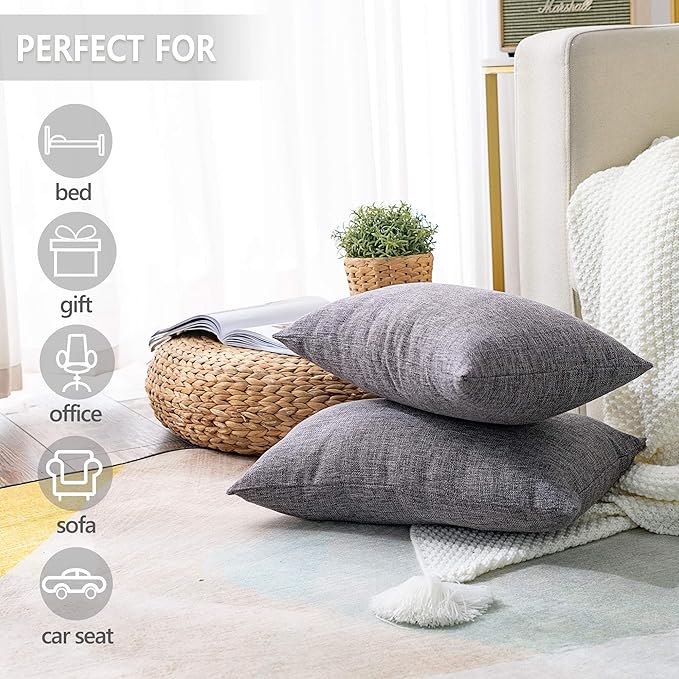 Stellhome Rectangle Linen Throw Pillow Covers Solid Farmhouse Burlap Cushion Covers for Home Decoration, Set of 2, 12 x 20 inch (30 x 50 cm), Dark Grey