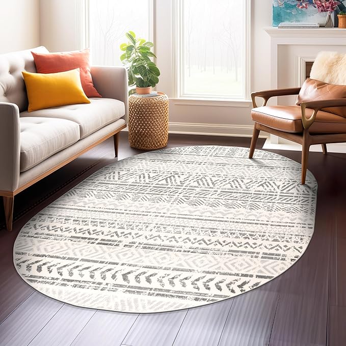 Rugshop Geometric Boho Oval Rug – Gray Tribal Pattern, Perfect for Dining Room, Living Room, 5' x 7' Oval