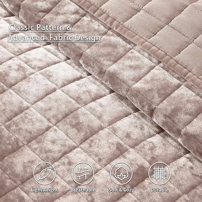 LEAONME Velvet Quilt Full/Queen Size-90''x98'', Lightweight Dusty Pink Comforter Set with 2 Pillow Shams, Soft Bedspread Coverlet Quilted Bedding Set for All Season