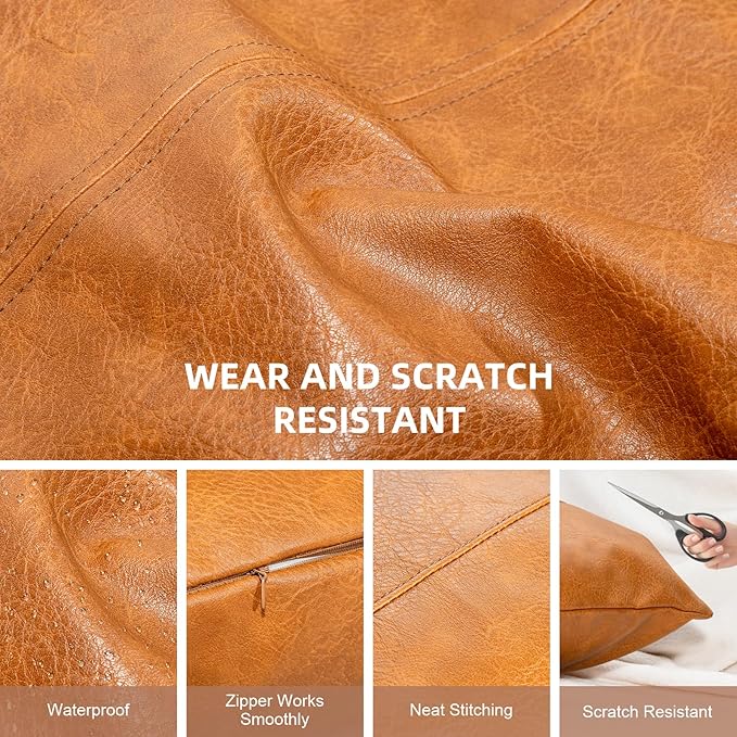 Faux Leather Throw Pillow Covers 24X24 Inch Set of 2 Brown Outdoor Modern Farmhouse Solid Decorative Pillow Covers for Room Couch Living Bedroom Bed Sofa