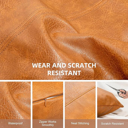 Faux Leather Throw Pillow Covers 24X24 Inch Set of 2 Brown Outdoor Modern Farmhouse Solid Decorative Pillow Covers for Room Couch Living Bedroom Bed Sofa