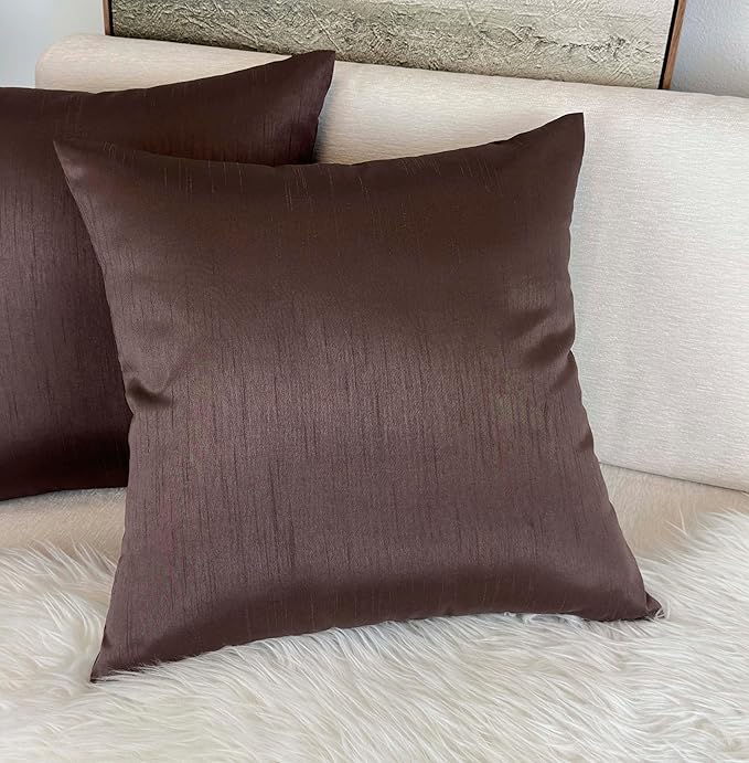 Aiking Home 18x18 Inches Faux Silk Square Throw Pillow Cover, Zipper Closure, Brown (Set of 2)