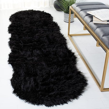 SAFAVIEH Faux Sheep Skin Collection Runner Rug - 2'6" x 6', Black, Silken Glam Design, Non-Shedding & Easy Care, 2.35-inch Thick Ideal for High Traffic Areas in Living Room, Bedroom (FSS115B)