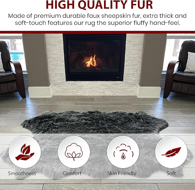 Free Shape Luxury Soft Fluffy Shag Area Rug Single Quarto 4 Pelts 4'x6',120x180 cm - Vegan Fur Ultra Soft Indoor Carpet Nursery Rugs for Bedroom Home Decor, Black with White Tips