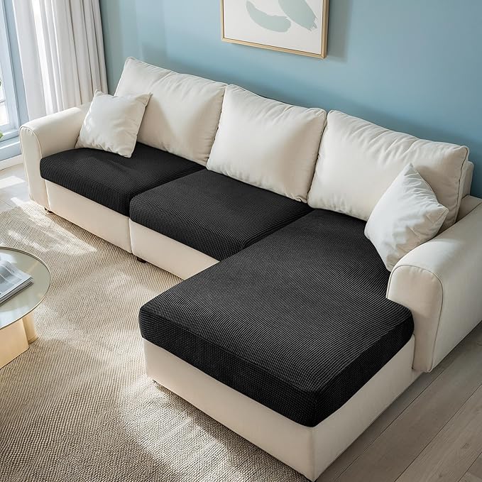 CHUN YI Stretch Sectional Couch Covers 1 Piece Chaise Lounge Slipcover L Shape Separate Cushion, Chaise Couch Cover for Both Left/Right Sectional Couch (Chaise Cover, Black)