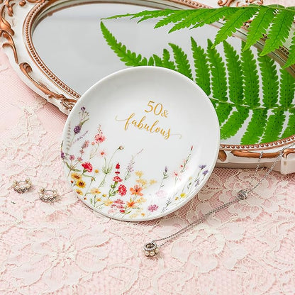 Crisky 50 Fabulous Jewelry Ring Dish for Women 50th Birthday Gifts Idea for 50 Year Old Gifts for Her Friend Sister Wife Mom Aunt Female Coworkers
